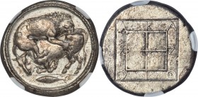 MACEDON. Acanthus. Ca. 470-430 BC. AR tetradrachm (28mm, 17.49 gm, 8h). NGC AU 5/5 - 4/5, Fine Style. Lion springing right, short straight tail downwa...