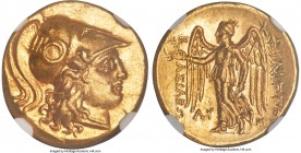 MACEDONIAN KINGDOM. Philip III Arrhidaeus (323-317 BC). AV stater (18mm, 8.59 gm, 3h). NGC MS 5/5 - 4/5. Babylon. Head of Athena right, hair loose and...