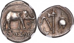 Julius Caesar, as Dictator (49-44 BC). AR denarius (17mm, 3.84 gm, 4h). NGC Choice AU S 5/5 - 5/5. Military mint traveling with Caesar in northern Ita...