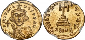Justinian II, first reign (AD 685-695). AV solidus (20mm, 4.44 gm, 7h). NGC Choice MS 5/5 - 5/5. Constantinople, 7th officina, AD 686-687. d-IЧStINIA-...