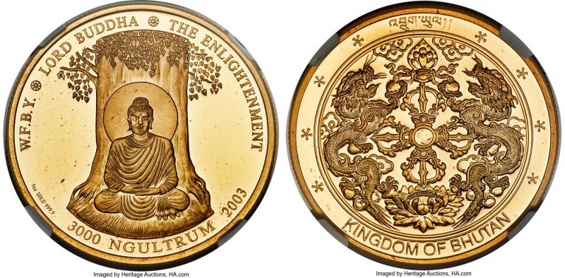 Jigme Singye Wangchuck gold Proof "World Fellowship of Buddhist Youth" 3000 Ngul...