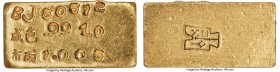 Republic gold Central Mint Bar of 10 Mace (Tael) ND (1945) AU, cf. L&M-1075 (different design, lighter weight). 26x13mm. 31.38gm. Seemingly a much rar...