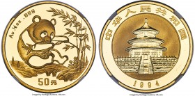People's Republic gold "Small Date" Panda 50 Yuan (1/2 oz) 1994 MS69 NGC, KM614 (prev. KM-Y434), PAN-212B. A lustrous offering only a hair's breadth f...