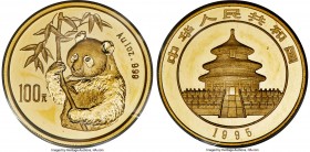 People's Republic gold "Small Date" Panda 100 Yuan (1 oz) 1995 UNC, Shenyang mint, KM719, PAN-235B. A scarce and key date within the series, presentin...