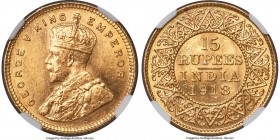 British India. George V gold 15 Rupees 1918-(b) MS63 NGC, Bombay mint, KM525, Prid-25. Truly choice, with sunny golden surfaces revealing only light t...