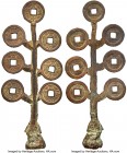 Kanei Tsuho 7-Coin 1 Mon Money Tree ND (1708-1712) AU/UNC, cf. Hartill-4.109 (for coin type). 150x63mm. Each coin: 23mm. A smaller-size coin tree with...