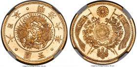 Meiji gold 5 Yen Year 6 (1873) MS64 NGC, Osaka mint, KM-Y11a, JNDA 01-3A. Semi-Prooflike, with sharp devices standing in bold contrast against flashy,...
