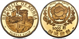 South Korea. Republic gold Proof "Turtle Ship" 5000 Won KE 4303 (1970) PR67 Ultra Cameo NGC, Valcambi mint, KM16.1. A low-mintage modern Proof which s...