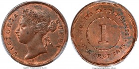 British Colony. Victoria Cent 1885 MS62 Brown PCGS, KM9a. A conditionally rare date, featuring predominantly toned over surfaces with contrasting red ...