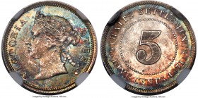 British Colony. Victoria 5 Cents 1871 MS63+ NGC, Royal mint, KM10, Prid-122. The first date in the series, featuring sea green and azure toning over a...