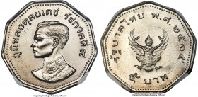 Rama IX copper-nickel Pattern "Garuda" 5 Baht BE 2515 (1972) MS66 NGC, KM-Pn58. The first example of this pattern type that we have encountered, hands...