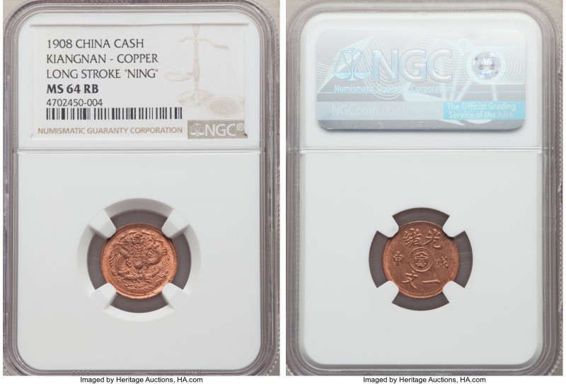 Kiangnan. Kuang-hsü Pair of Certified Cash CD 1908 NGC, 1) Cash - MS64 Red and B...