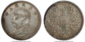 Republic Yuan Shih-kai Dollar Year 3 (1914)-O AU Details (Cleaned) PCGS, KM-Y329.4, L&M-63C, Kann-648. Variety with O in left loop of ribbon and trian...