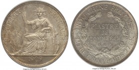 French Colony Piastre 1909-A MS64 PCGS, Paris mint, KM5a.1, Lec-292. Very nearly gem for a type that rarely comes as such, with a lightly golden luste...