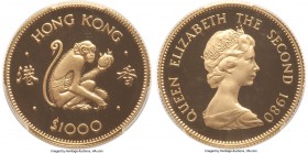 British Colony. Elizabeth II gold Proof "Year of the Monkey" 1000 Dollars 1980 PR69 Deep Cameo PCGS, KM47. Zodiac series. AGW 0.4708 oz.

HID098012420...