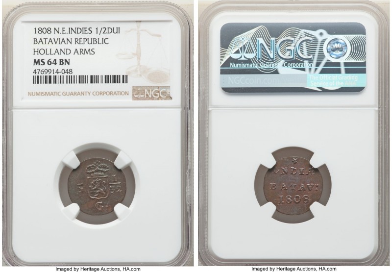 Dutch Colony. Batavian Republic 1/2 Duit 1808 MS64 Brown NGC, KM75. A lesser-see...