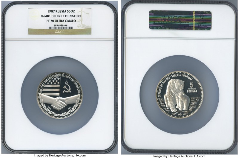 USSR silver Proof "Defense of Nature" 5 Ounces 1987 PR70 Ultra Cameo NGC, Lening...