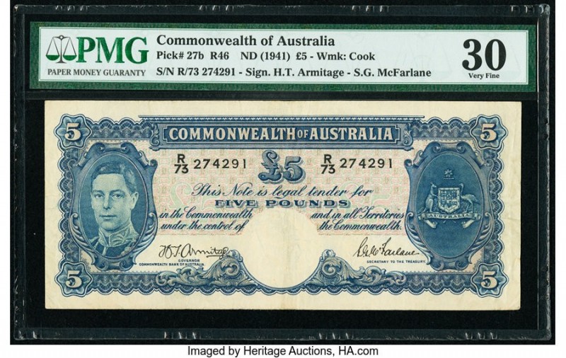 Australia Commonwealth Bank of Australia 5 Pounds ND (1941) Pick 27b R46 PMG Ver...