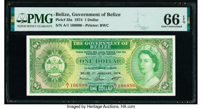 Belize Government of Belize 1 Dollar 1.1.1974 Pick 33a PMG Gem Uncirculated 66 E...