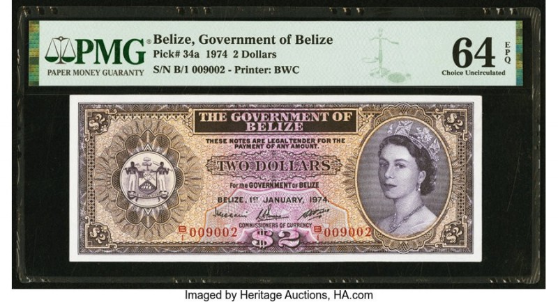 Belize Government of Belize 2 Dollars 1.1.1974 Pick 34a PMG Choice Uncirculated ...
