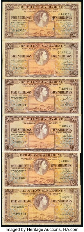 Bermuda Bermuda Government 5 Shillings 1.5.1957 Pick 18b Lot of 6 Examples Fine....
