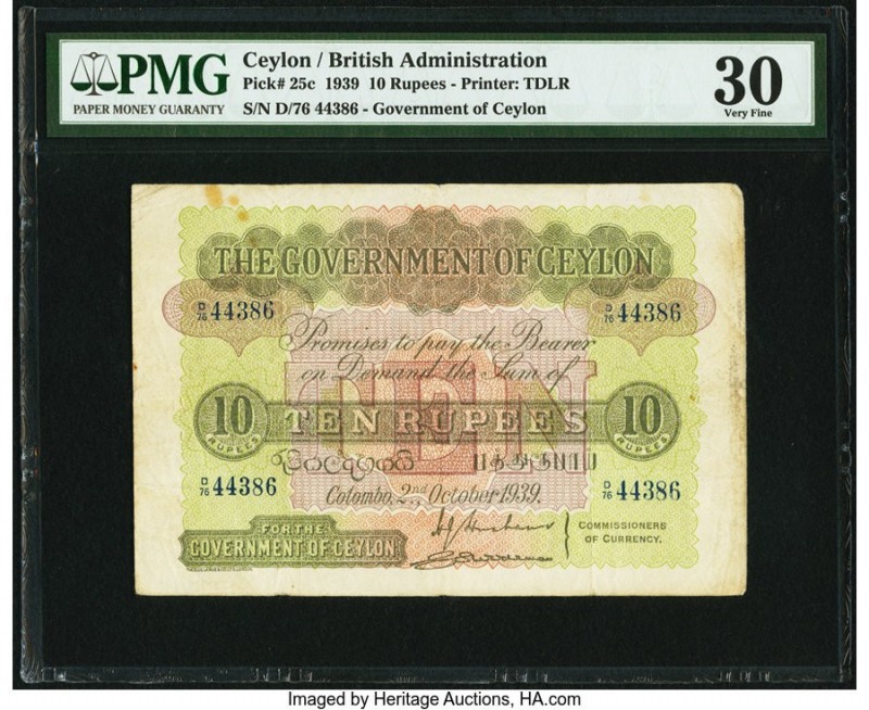 Ceylon Government of Ceylon 10 Rupees 2.10.1939 Pick 25c PMG Very Fine 30. Rust....