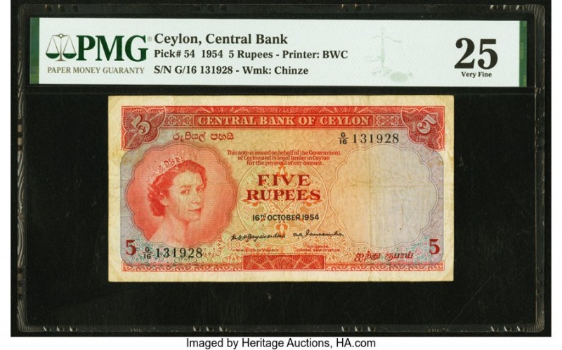 Ceylon Central Bank of Ceylon 5 Rupees 1.10.1954 Pick 54 PMG Very Fine 25. 

HID...