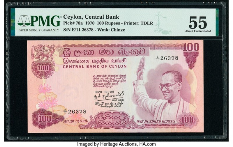 Ceylon Central Bank of Ceylon 100 Rupees 10.26.1970 Pick 78a PMG About Uncircula...