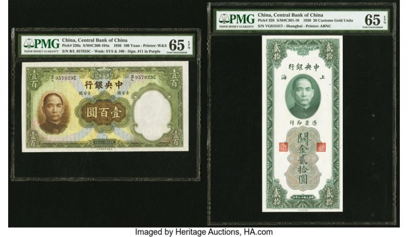 China Central Bank of China 100 Yuan; 20 Customs Gold Units 1936; 1930 Pick 220a...