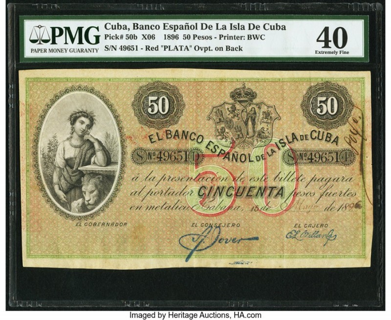 Cuba Banco Espanol De La Isla De Cuba 50 Pesos 15.5.1896 Pick 50b PMG Extremely ...