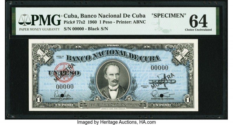 Cuba Banco Nacional de Cuba 1 Peso 1960 Pick 77s2 Specimen PMG Choice Uncirculat...