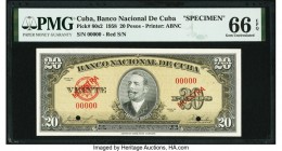 Cuba Banco Nacional de Cuba 20 Pesos 1958 Pick 80s2 Specimen PMG Gem Uncirculated 66 EPQ. Two POCs; red MUESTRA overprints.

HID09801242017

© 2020 He...