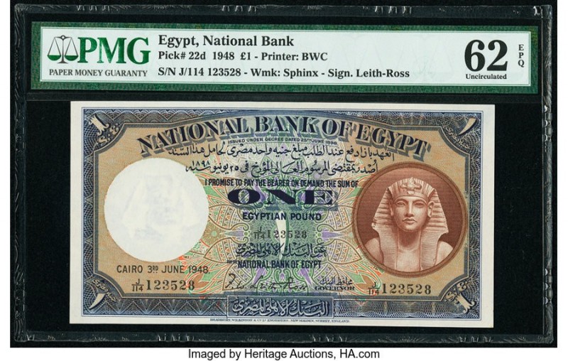 Egypt National Bank of Egypt 1 Pound 3.6.1948 Pick 22d PMG Uncirculated 62 EPQ. ...