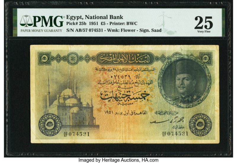 Egypt National Bank of Egypt 5 Pounds 1951 Pick 25b PMG Very Fine 25. Minor repa...