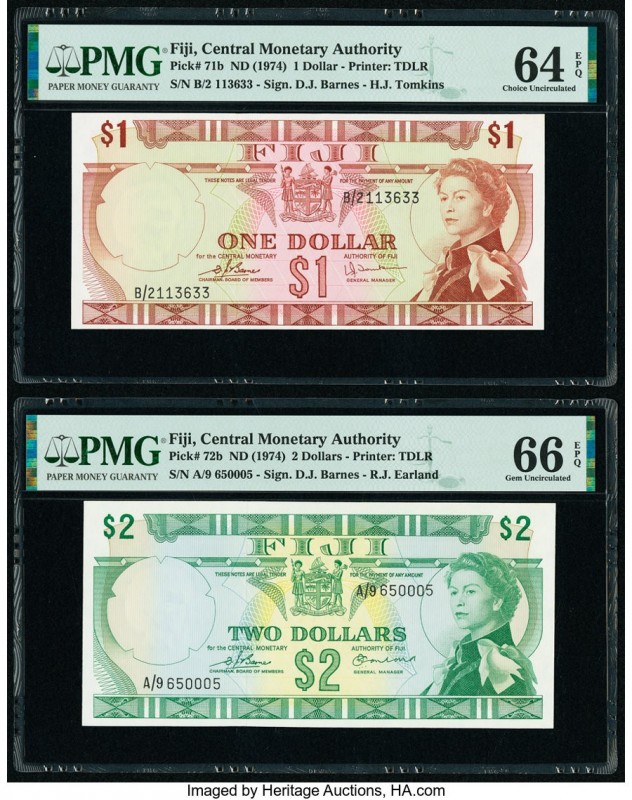 Fiji Central Monetary Authority 1; 2 Dollars ND (1974) Pick 71b; 72b Two Example...