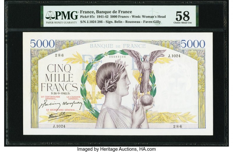 France Banque de France 5000 Francs 24.9.1942 Pick 97c PMG Choice About Unc 58. ...
