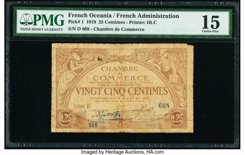 French Oceania Chambre de Commerce 25 Centimes 29.12.1919 Pick 1 PMG Choice Fine...