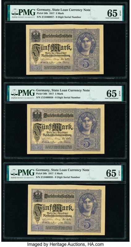 Germany State Loan Currency Note 5 Mark 1917 Pick 56b Three Consecutive Examples...