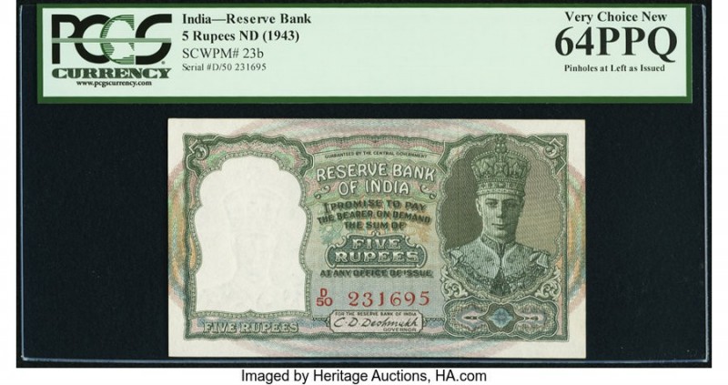 India Reserve Bank of India 5 Rupees ND (1943) Pick 23b Jhun4.4.2 PCGS Very Choi...