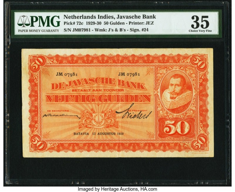 Netherlands Indies De Javasche Bank 50 Gulden 12.8.1929 Pick 72c PMG Choice Very...