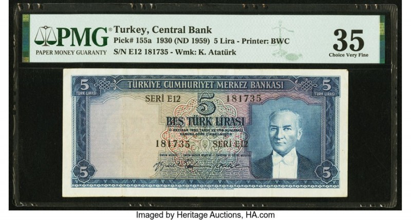 Turkey Central Bank 5 Lire 1930 (ND 1959) Pick 155a PMG Choice Very Fine 35. 

H...