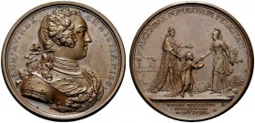 MEDAGLIE STRANIERE
FRANCIA
Luigi XV, 1715-1774. Medaglia 1736. Æ gr. 31,89 mm 41,2 LUD XV REX CHRISTIANISS Busto a d. Rv. AUGENDAE POPULORUM FELICIT...