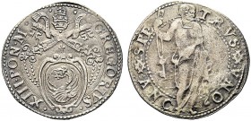 MONETE ITALIANE REGIONALI
ANCONA
Gregorio XIII (Ugo Boncompagni), 1572-1585. Testone. Ar gr. 9,22 GREGORIVS XIII PONT M Stemma sormontato da triregn...