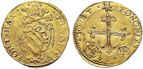 MONETE ITALIANE REGIONALI
BOLOGNA
Pio V (Antonio Ghislieri), 1566-1572. Scudo d’oro. Au gr. 3,22 PIVS V PONT MAX Nel campo stemma ovale. Rv. BONONIA...