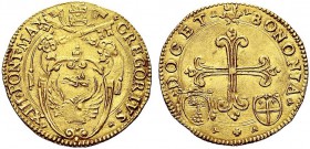 MONETE ITALIANE REGIONALI
BOLOGNA
Gregorio XIII (Ugo Boncompagni), 1572-1585. Scudo d'oro. Au gr. 3,32 GREGORIVS XIII PONT MAX Nel campo stemma oval...