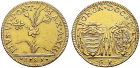 MONETE ITALIANE REGIONALI
BOLOGNA
Pio VI (Giovanni Angelo Braschi), 1775-1799. Da 2 Doppie 1787. Au gr. 10,91 Pianta di giglio; all'esergo, G P. Rv....