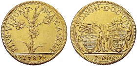 MONETE ITALIANE REGIONALI
BOLOGNA
Pio VI (Giovanni Angelo Braschi), 1775-1799. Da 2 Doppie 1787. Au gr. 10,82 Simile a precedente. M. 170; C. 1083, ...
