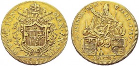 MONETE ITALIANE REGIONALI
BOLOGNA
Pio VI (Giovanni Angelo Braschi), 1775-1799. Da 5 Zecchini 1787 a. XIII. Au gr. 17,09 Stemma a targa in cornice. R...