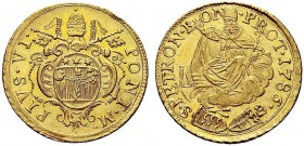 MONETE ITALIANE REGIONALI
BOLOGNA
Pio VI (Giovanni Angelo Braschi), 1775-1799. Doppio Zecchino 1786. Au gr. 6,84 PIVS VI PONT M Nel campo stemma ova...