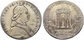 MONETE ITALIANE REGIONALI
BOLOGNA
Pio VI (Giovanni Angelo Braschi), 1775-1799. Da 100 bolognini 1782 a. VIII. Ar gr. 26,06 PIVS SEXTVS PONT MAX AN V...